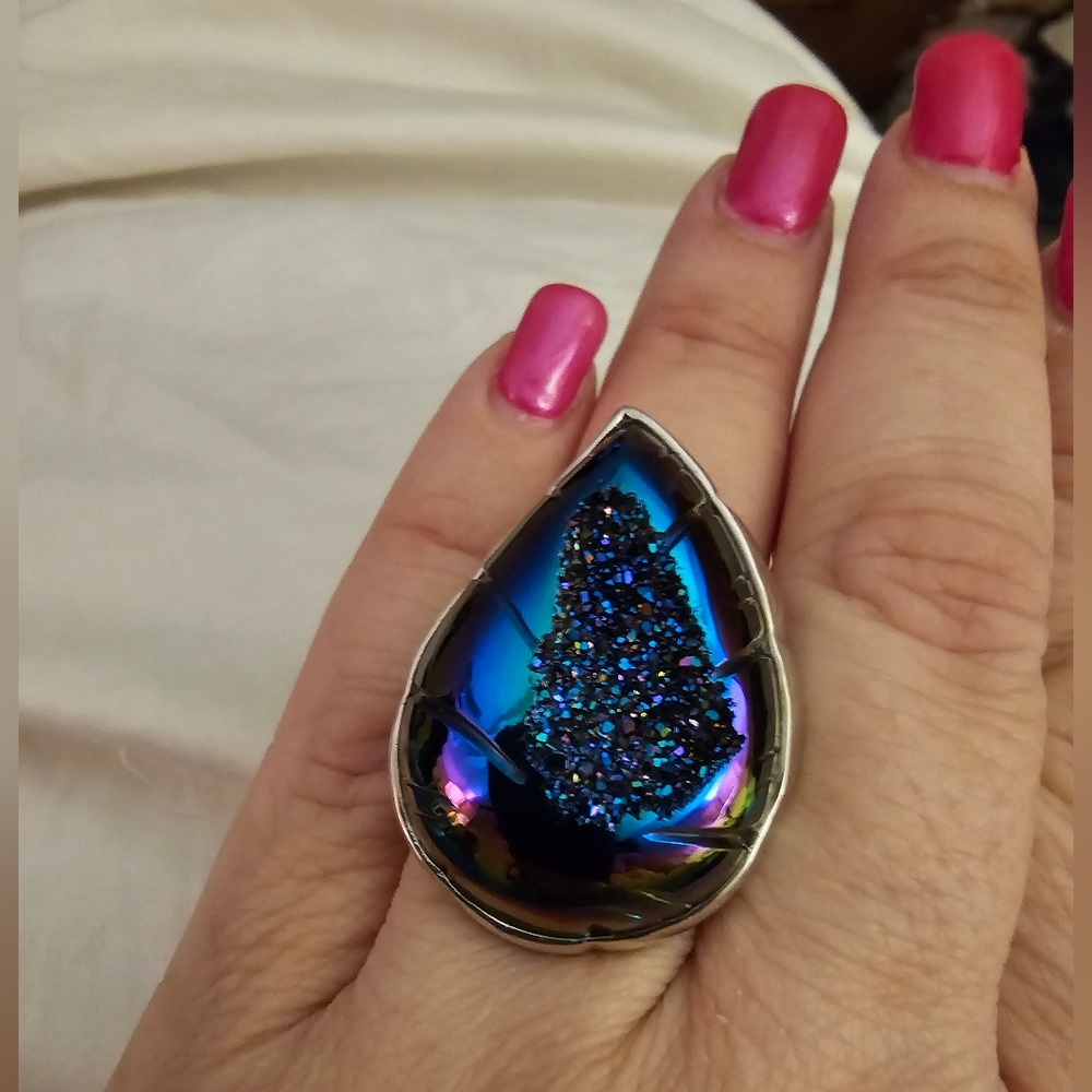 Sz 7, Window Drusy Forest, 925 Silver, 44.0 Carats, Platinum overlay, NWT
